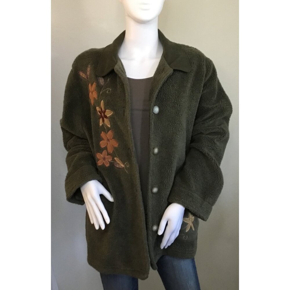 Vintage Teddi Fuzzy Button Front Jacket One Hand Pocket Embroidered Leaves XL